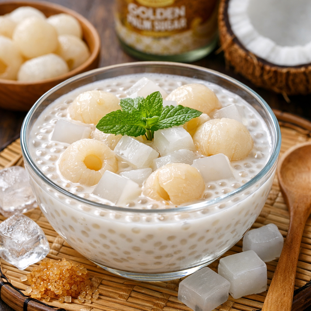 Coconut Jelly and Lychee in Sago Dessert
